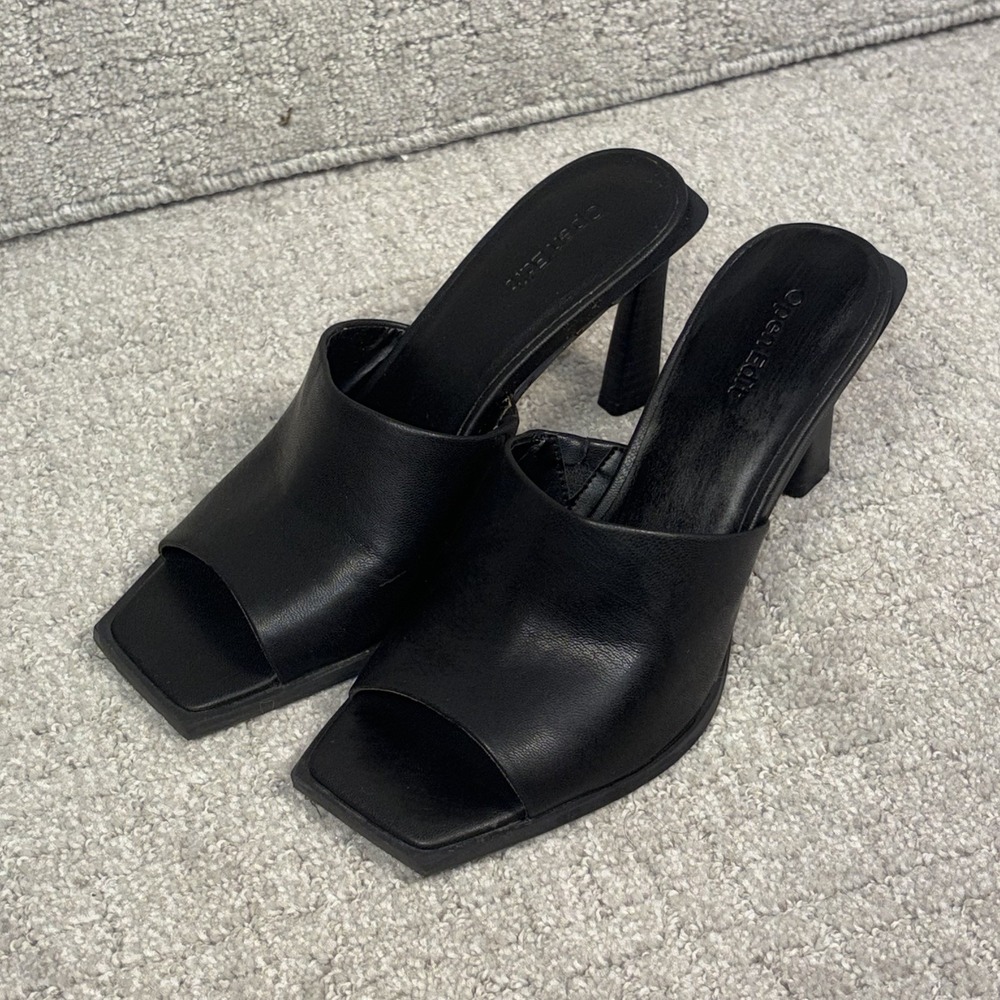 Open Edit Women's Black Square Toe Mule Heels Slide Sandals Size 8M Minimalist